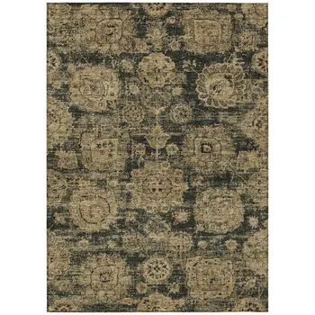 9' X 12' Charcoal Gold And Tan Floral Washable Indoor Outdoor Area Rug