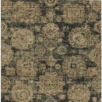 10' X 14' Charcoal Gold And Tan Floral Washable Indoor Outdoor Area Rug