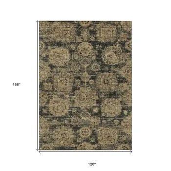 10' X 14' Charcoal Gold And Tan Floral Washable Indoor Outdoor Area Rug