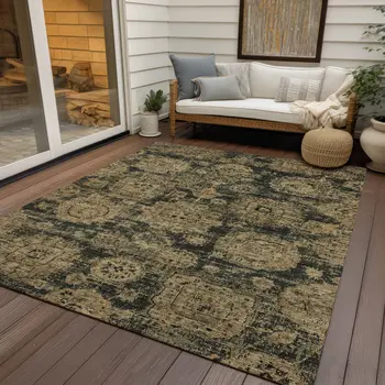 10' X 14' Charcoal Gold And Tan Floral Washable Indoor Outdoor Area Rug