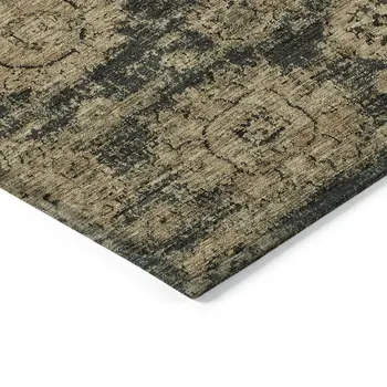 10' X 14' Charcoal Gold And Tan Floral Washable Indoor Outdoor Area Rug
