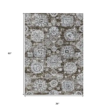 3' X 5' Chocolate And Blue Floral Washable Indoor Outdoor Area Rug
