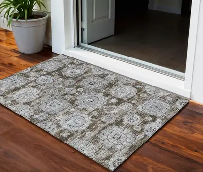 3' X 5' Chocolate And Blue Floral Washable Indoor Outdoor Area Rug