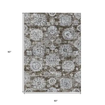5' X 8' Chocolate And Blue Floral Washable Indoor Outdoor Area Rug