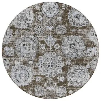 8' Chocolate And Blue Round Floral Washable Indoor Outdoor Area Rug