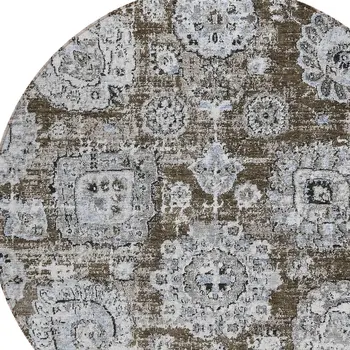8' Chocolate And Blue Round Floral Washable Indoor Outdoor Area Rug