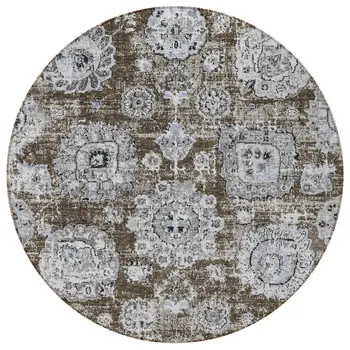 8' Chocolate And Blue Round Floral Washable Indoor Outdoor Area Rug