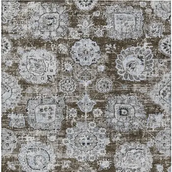 8' X 10' Chocolate And Blue Floral Washable Indoor Outdoor Area Rug
