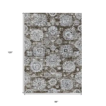 8' X 10' Chocolate And Blue Floral Washable Indoor Outdoor Area Rug
