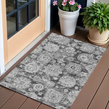 3' X 5' Gray Charcoal And Silver Floral Washable Indoor Outdoor Area Rug