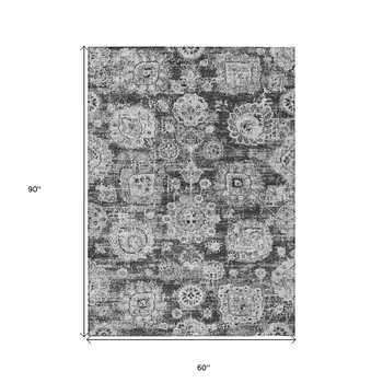 5' X 8' Gray Charcoal And Silver Floral Washable Indoor Outdoor Area Rug