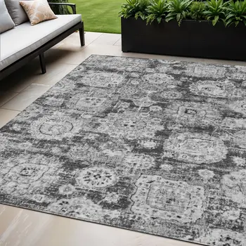 5' X 8' Gray Charcoal And Silver Floral Washable Indoor Outdoor Area Rug