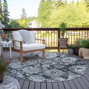 8' Gray Charcoal And Silver Round Floral Washable Indoor Outdoor Area Rug