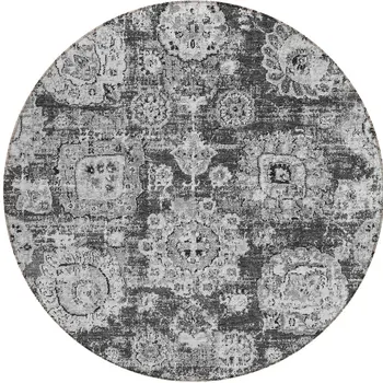 8' Gray Charcoal And Silver Round Floral Washable Indoor Outdoor Area Rug