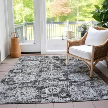 8' X 10' Gray Charcoal And Silver Floral Washable Indoor Outdoor Area Rug