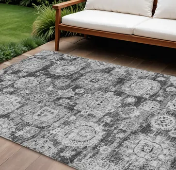 9' X 12' Gray Charcoal And Silver Floral Washable Indoor Outdoor Area Rug