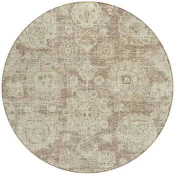8' Brown Tan And Beige Round Floral Washable Indoor Outdoor Area Rug