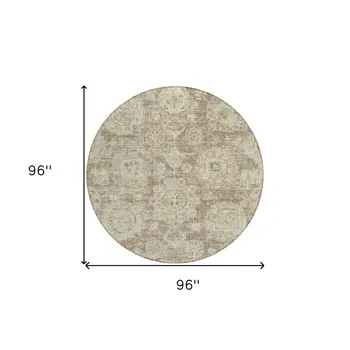 8' Brown Tan And Beige Round Floral Washable Indoor Outdoor Area Rug
