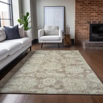 8' X 10' Brown Tan And Beige Floral Washable Indoor Outdoor Area Rug