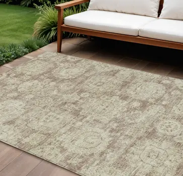 10' X 14' Brown Tan And Beige Floral Washable Indoor Outdoor Area Rug