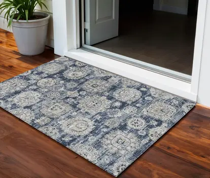 3' X 5' Navy Blue And Gray Floral Washable Indoor Outdoor Area Rug