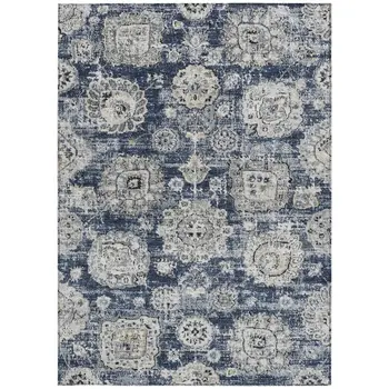 3' X 5' Navy Blue And Gray Floral Washable Indoor Outdoor Area Rug