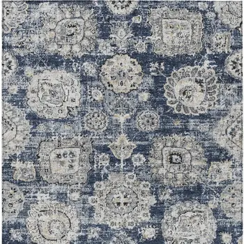 5' X 8' Navy Blue And Gray Floral Washable Indoor Outdoor Area Rug