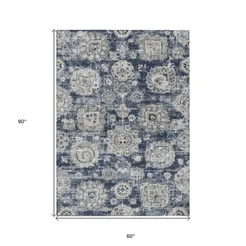 5' X 8' Navy Blue And Gray Floral Washable Indoor Outdoor Area Rug