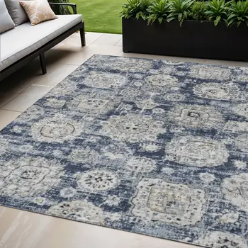5' X 8' Navy Blue And Gray Floral Washable Indoor Outdoor Area Rug