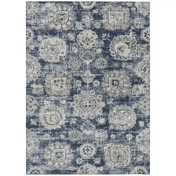 5' X 8' Navy Blue And Gray Floral Washable Indoor Outdoor Area Rug