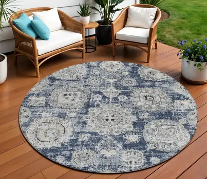 8' Navy Blue And Gray Round Floral Washable Indoor Outdoor Area Rug