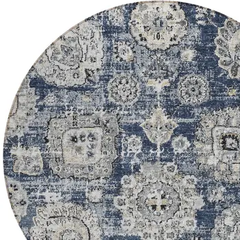 8' Navy Blue And Gray Round Floral Washable Indoor Outdoor Area Rug