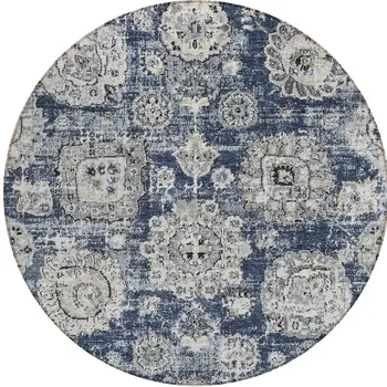 8' Navy Blue And Gray Round Floral Washable Indoor Outdoor Area Rug