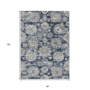 8' X 10' Navy Blue And Gray Floral Washable Indoor Outdoor Area Rug