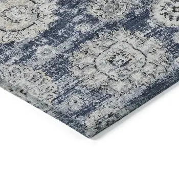 8' X 10' Navy Blue And Gray Floral Washable Indoor Outdoor Area Rug