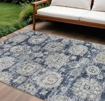 10' X 14' Navy Blue And Gray Floral Washable Indoor Outdoor Area Rug