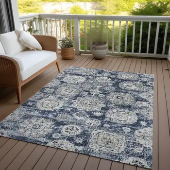 10' X 14' Navy Blue And Gray Floral Washable Indoor Outdoor Area Rug