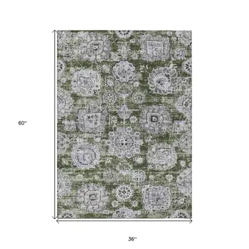 3' X 5' Olive Green And Gray Floral Washable Indoor Outdoor Area Rug
