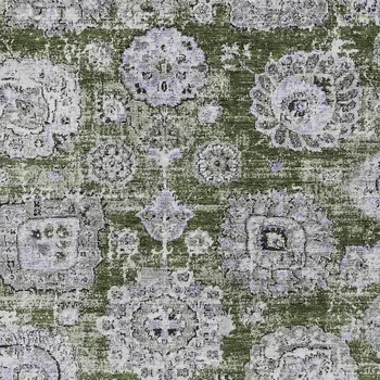 3' X 5' Olive Green And Gray Floral Washable Indoor Outdoor Area Rug