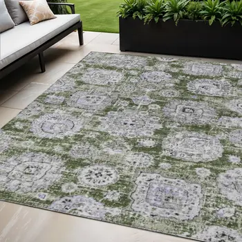 5' X 8' Olive Green And Gray Floral Washable Indoor Outdoor Area Rug