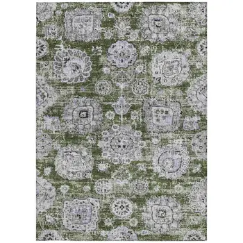 5' X 8' Olive Green And Gray Floral Washable Indoor Outdoor Area Rug