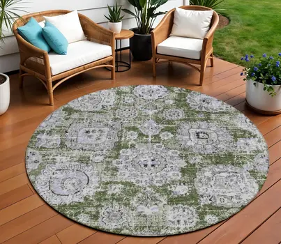 8' Olive Green And Gray Round Floral Washable Indoor Outdoor Area Rug