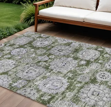 8' X 10' Olive Green And Gray Floral Washable Indoor Outdoor Area Rug