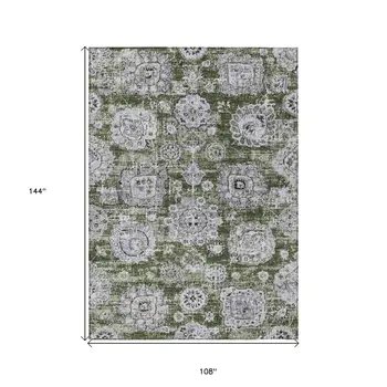 9' X 12' Olive Green And Gray Floral Washable Indoor Outdoor Area Rug