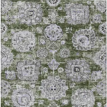 10' X 14' Olive Green And Gray Floral Washable Indoor Outdoor Area Rug