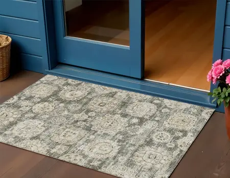 3' X 5' Taupe Beige And Gray Floral Washable Indoor Outdoor Area Rug