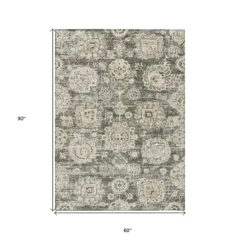 5' X 8' Taupe Beige And Gray Floral Washable Indoor Outdoor Area Rug