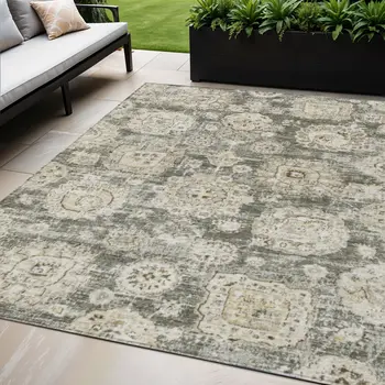 5' X 8' Taupe Beige And Gray Floral Washable Indoor Outdoor Area Rug