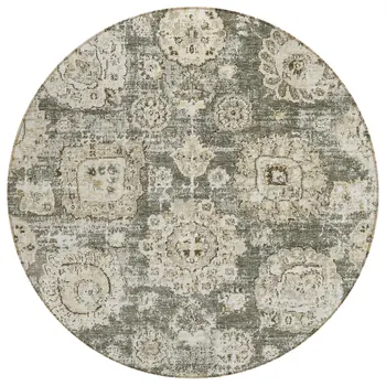 8' Taupe Beige And Gray Round Floral Washable Indoor Outdoor Area Rug