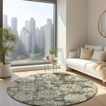 8' Taupe Beige And Gray Round Floral Washable Indoor Outdoor Area Rug